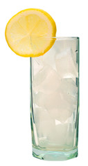 glass beaker with ice and lemon on a white background