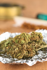 Dried flowers of Cannabis sativa on tinfoil