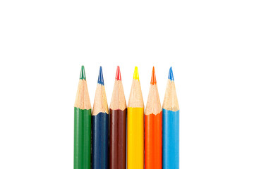 Close-up photo of six sharpened color pencils