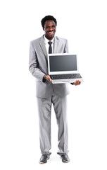 Happy black man showing laptop