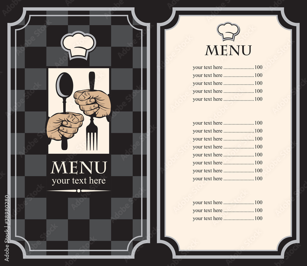 Poster menu with hands and utensils on the chess background