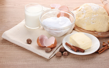 Ingredients for the dough wooden table