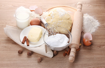 Ingredients for the dough wooden table