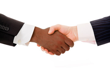 Multiracial business handshake on white background