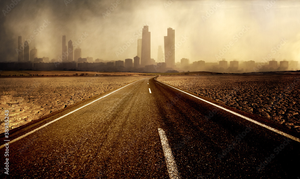 Wall mural road leading to the city with pollution