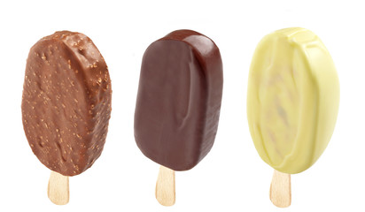 three different Ice creams covered with chocolate