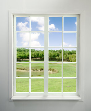 Fototapeta Modern residential window with lake view