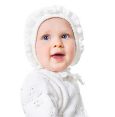 portrait of baby girl wearing crochet bonnet isolated on white b