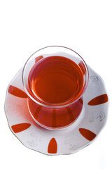 Turkish tea in traditional glass isolated on white top view