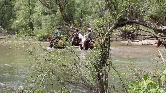crossing the river on horseback