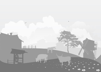country landscape with farm animals on field