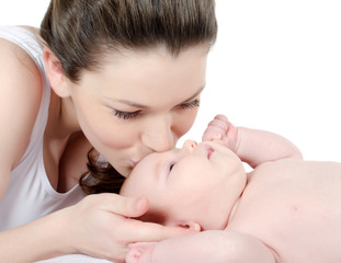 happy mother with baby over white