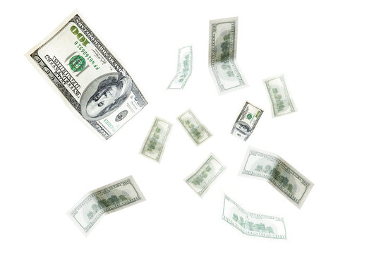 One hundred US dollar bills flying on white background