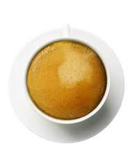 Classic espresso cup filled top view on white