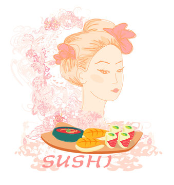 beautiful Asian girl and sushi - poster