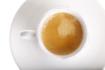 Classic espresso cup filled top view on white