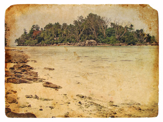 Tropical landscape, Seychelles. Old postcard