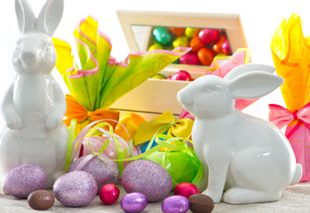 colorful easter decoration. eggs and bunnies