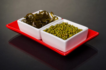seaweed and Mung beans in a ceramic bowl