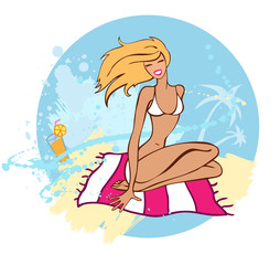 Obraz na płótnie Canvas Summer girl on beach. Vector illustration. Isolated.