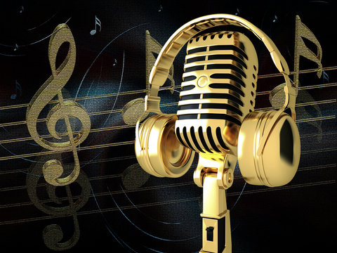 Microphone with headphones on background