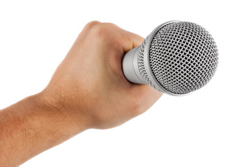 grey microphone in hand isolated on white background