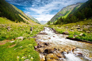 Hiker in Caucasus mountains