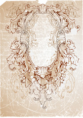 Oval ornate baroque frame on paper with scribbles