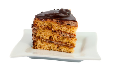 piece of chocolate cake on a plate isolated