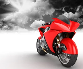 Fotobehang Motorfiets Rode vuurbal op witte achtergrond met wolkenachtergrond