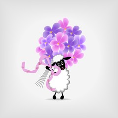 lamb with bunch of violet flowers