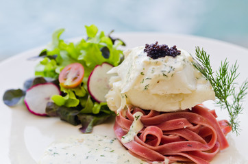 Snow fish steak with caviar topping