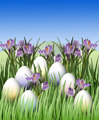 Easter egg among grass and crocus