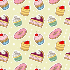 Seamless pattern with tasty doodle cakes