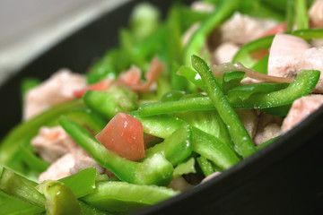 Fried chicken, Pepper and Ginger on a pan