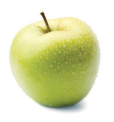 Green apple in drops on a white