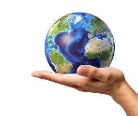 Man hand with earth globe on it. On white background.