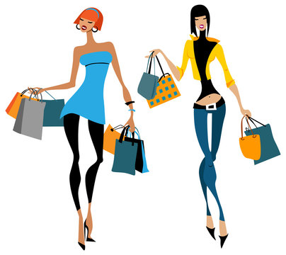 Two women shopping bags. Vector illustration. Isolated