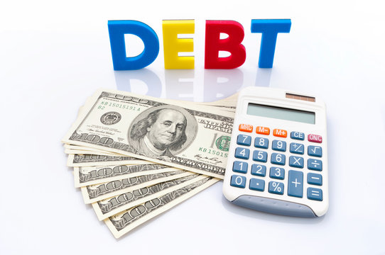 Debt words, American banknotes and calculator