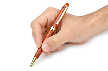 Hand with pen writing on white