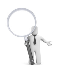 3d businessman with magnify glass. Image contain clipping path