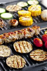 meat skewer and vegetables on electric grill