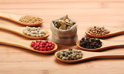 Colorful spices in wooden spoons