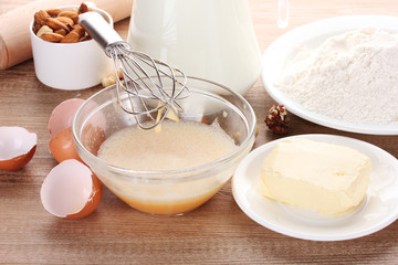 Ingredients for the dough wooden table