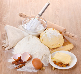 Ingredients for the dough wooden table