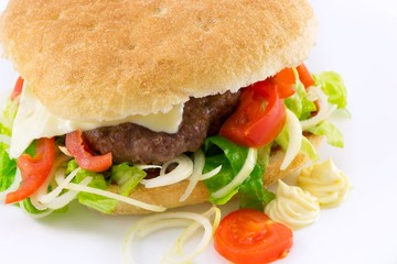 panino hamburger, cipolla, lattuga e pomodorini