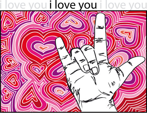 sign language for I LOVE YOU with abstract hearts background. Ve
