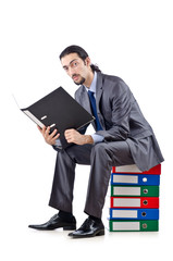 Young businessman with folders on white