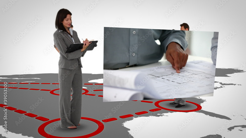 Poster Animated map displaying videos of business actions