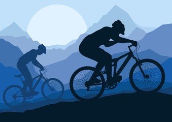 Fototapeta na wymiar Mountain bike bicycle riders in wild mountain nature landscape
